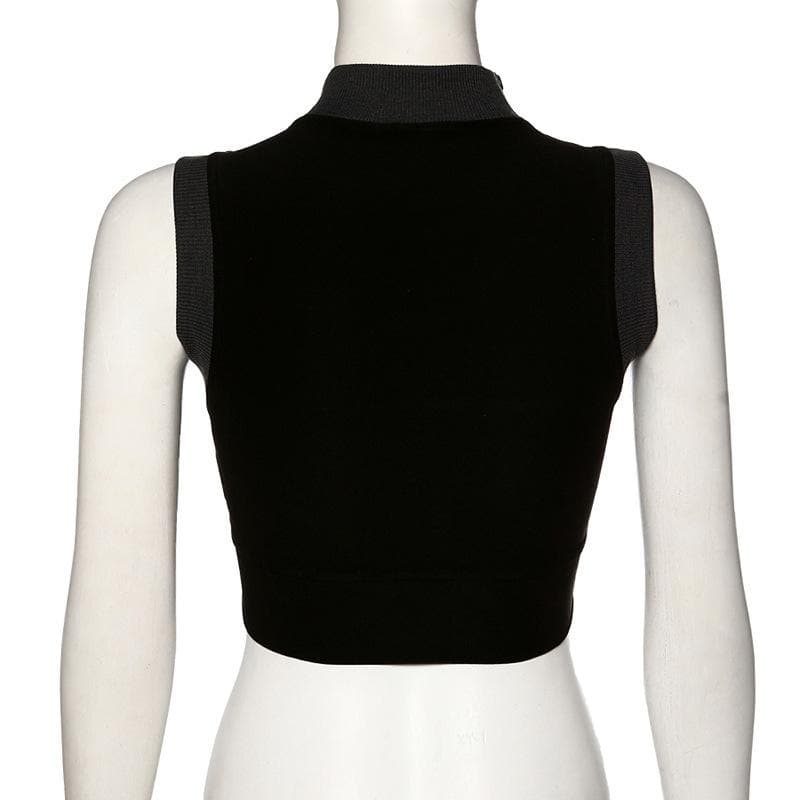 Patchwork ribbed contrast zip-up high neck sleeveless crop top