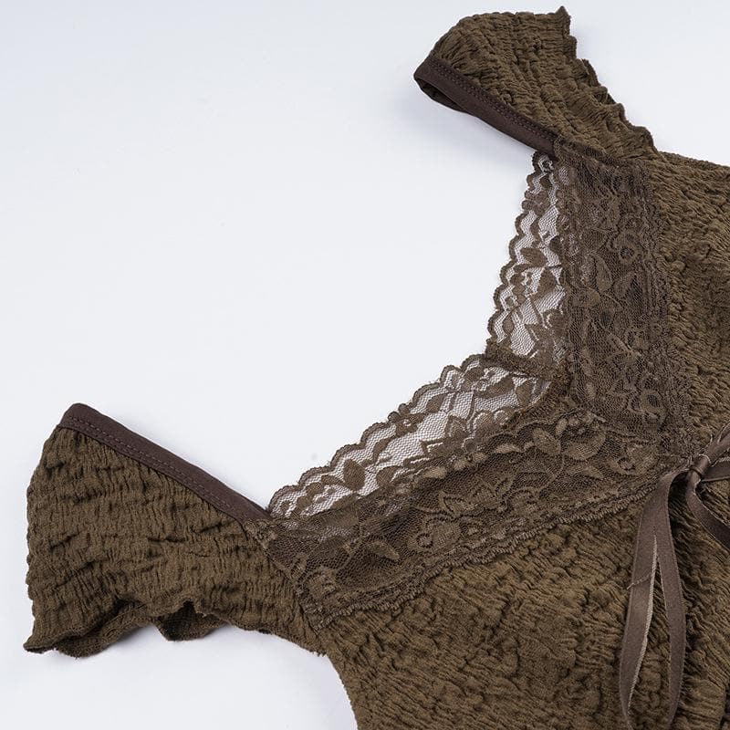 Textured cap sleeve lace hem solid backless top