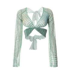 Sheer mesh see through knotted self tie long sleeve glitter crop top