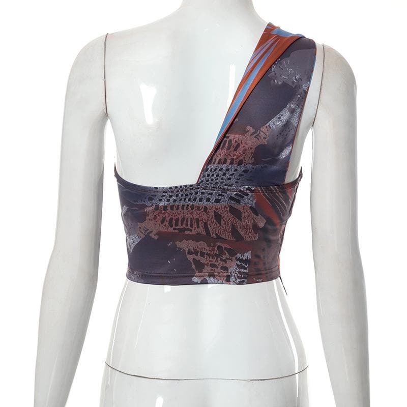 One shoulder irregular contrast print top