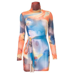 Self tie sheer mesh long sleeve high neck contrast print mini dress