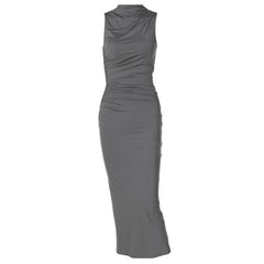 Turtle neck ruched solid sleeveless slit midi dress