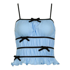 Bowknot ruched contrast ruffle square neck cami crop top