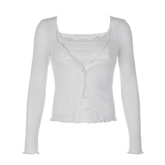 Button ruffle long sleeve lace hem textured solid 2 piece top