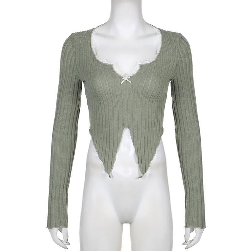 Textured lace hem contrast long sleeve notch neck slit crop top