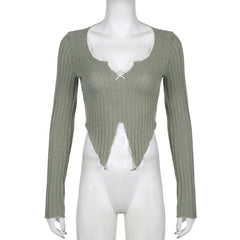 Textured lace hem contrast long sleeve notch neck slit crop top