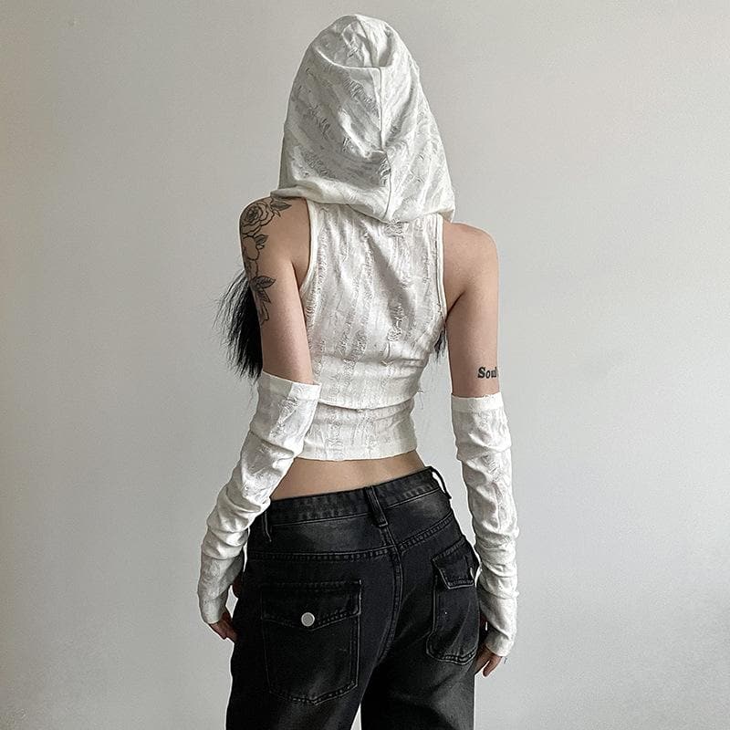 Textured off shoulder hoodie gloves cowl neck crop top