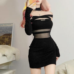 Solid mesh off shoulder cross front gloves metal tag mini dress