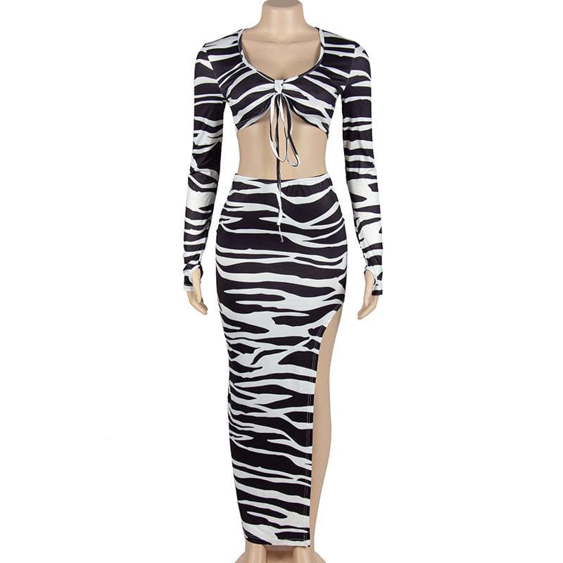 Zebra print self tie contrast long sleeve irregular slit maxi skirt set