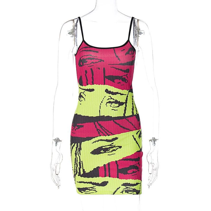 Abstract print contrast backless u neck cami mini dress