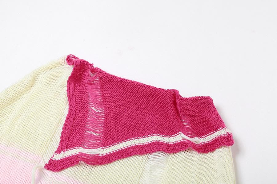 Crochet off shoulder striped long sleeve contrast pant set