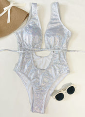 Cross front solid metallic hollow out padded one piece swimwear