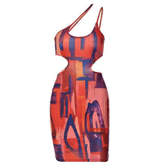 One shoulder hollow out contrast print sleeveless backless mini dress