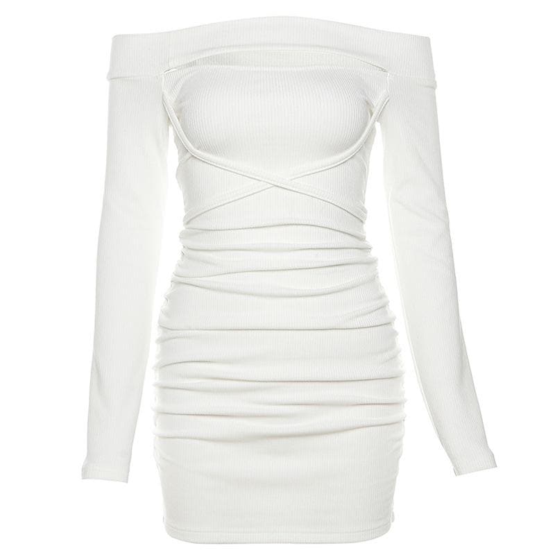 Lace up solid hollow out off shoulder long sleeve mini dress