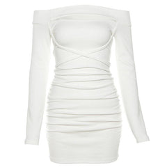 Lace up solid hollow out off shoulder long sleeve mini dress