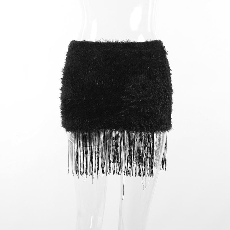 Tassels cross applique fluffy mini skirt