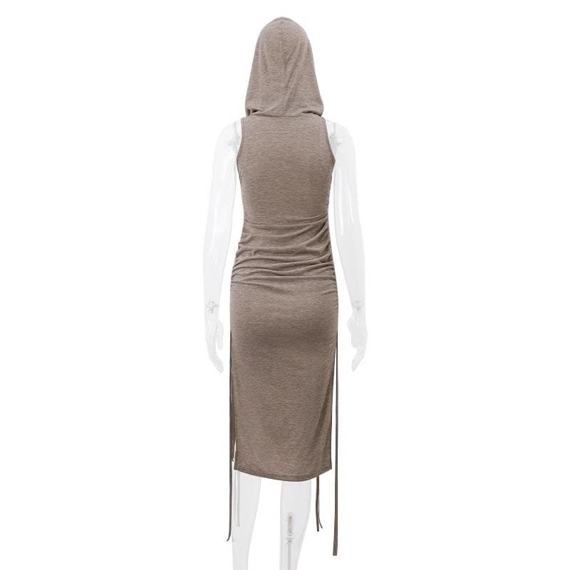 Drawstring hoodie sleeveless solid slit high neck midi dress