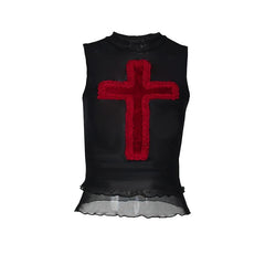 Cross ruffle mesh sleeveless contrast patchwork top