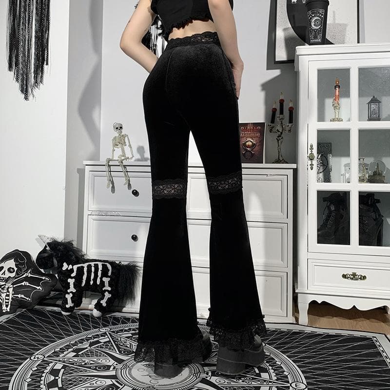 Lace hem velvet solid flared pant