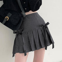 Pleated bowknot contrast high rise A line mini skirt