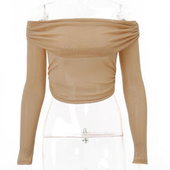 Sheer mesh see through off shoulder ruched long sleeve top