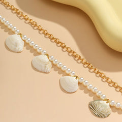 Seashell pendant faux pearl beaded waist chain