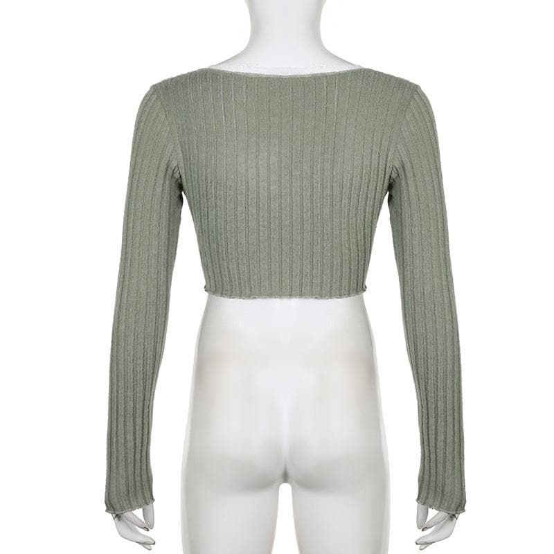 Textured lace hem contrast long sleeve notch neck slit crop top
