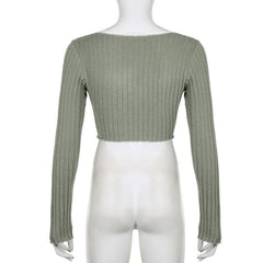 Textured lace hem contrast long sleeve notch neck slit crop top