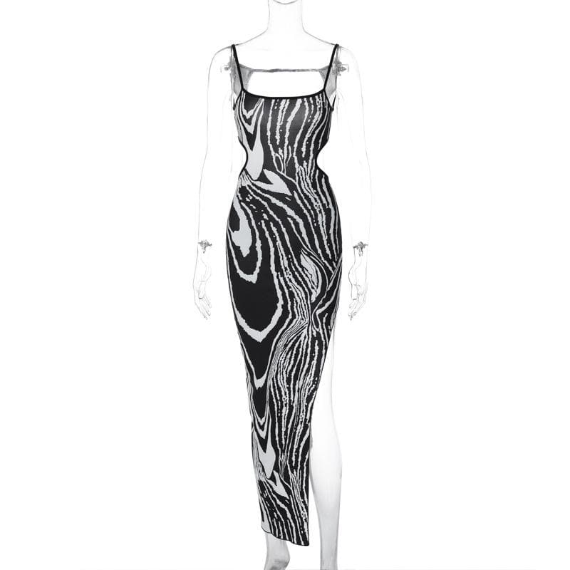 Zebra print contrast irregular slit hollow out backless midi dress