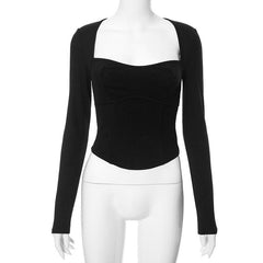 Ribbed long sleeve heart neck solid corset top