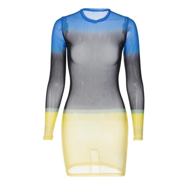 Contrast sheer mesh see through long sleeve crewneck mini dress