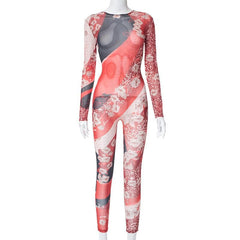 Contrast print zip-up long sleeve sheer mesh see through jumpsuit