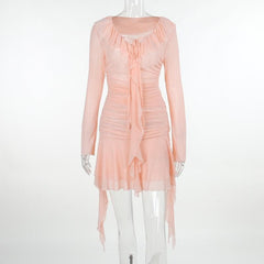 Ruffle solid self tie ruched long sleeve mesh mini dress