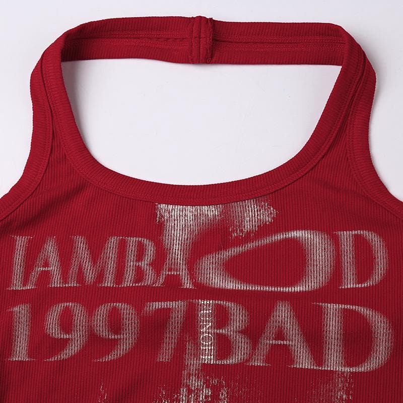 Ribbed halter u neck backless contrast print top