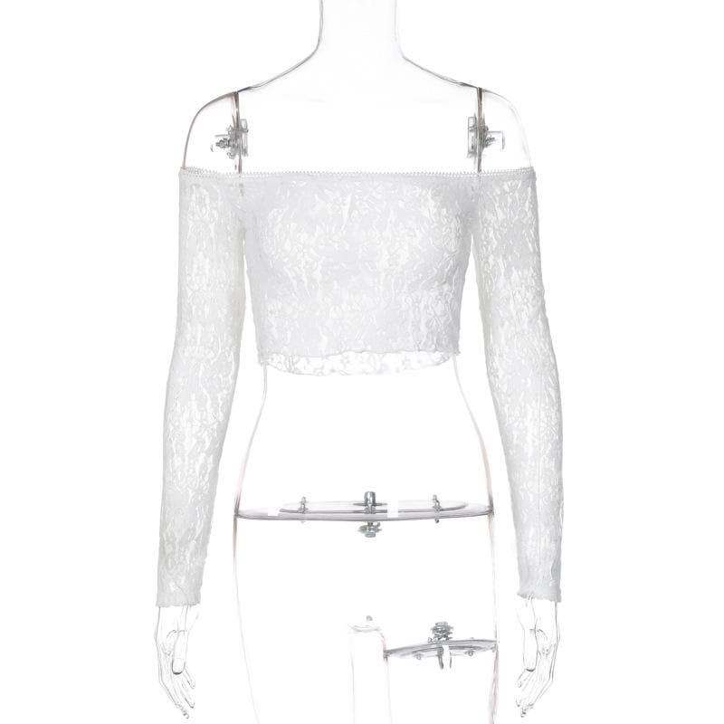 Off shoulder long sleeve lace see through solid crop top