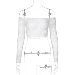 Off shoulder long sleeve lace see through solid crop top
