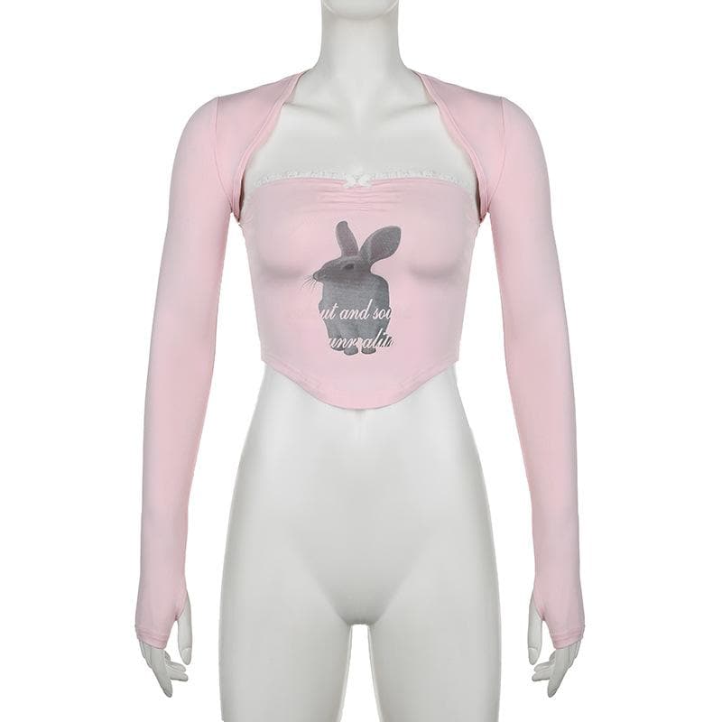 Rabbit pattern contrast lace hem shrug 2 piece crop top