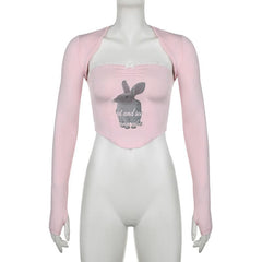Rabbit pattern contrast lace hem shrug 2 piece crop top