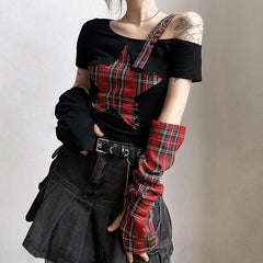 Patchwork irregular plaid contrast gloves off shoulder short sleeve top