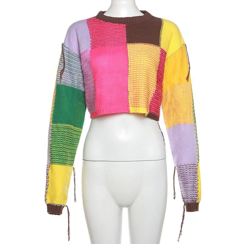 Plaid contrast long sleeve knitted crewneck top