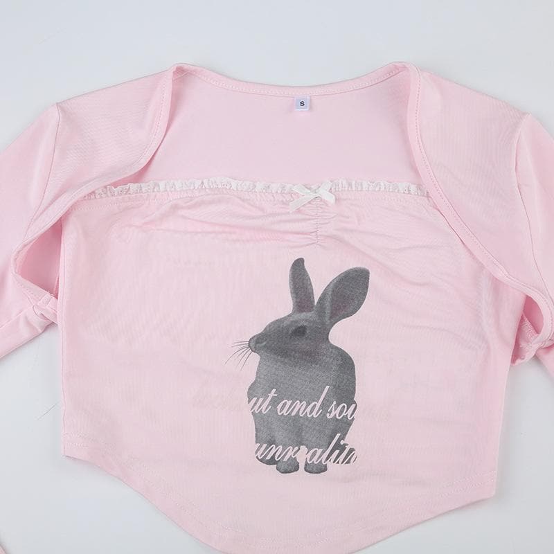 Rabbit pattern contrast lace hem shrug 2 piece crop top