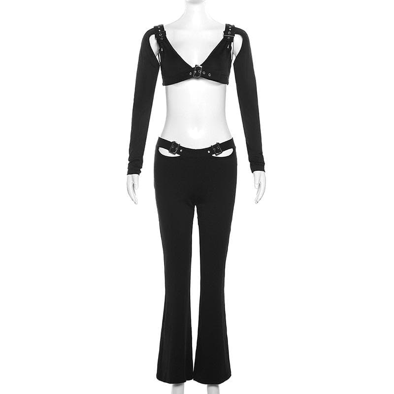 Buckle hollow out solid long sleeve backless v neck pant set