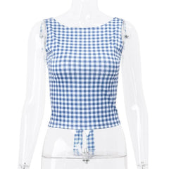 Sleeveless plaid contrast backless bowknot top
