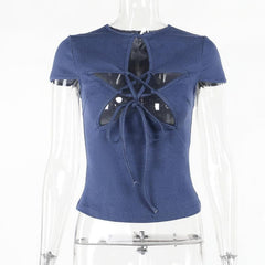 Short sleeve crewneck hollow out denim self tie top