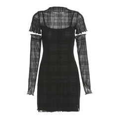 Ruffled mesh plaid long sleeve dress