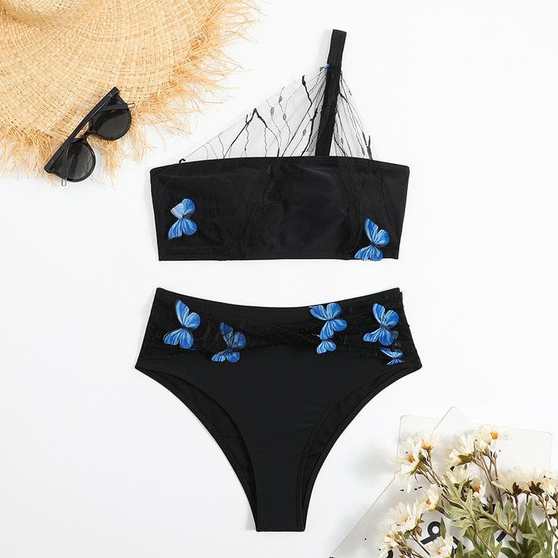 Butterfly applique one shoulder lace hem irregular bikini swimwear