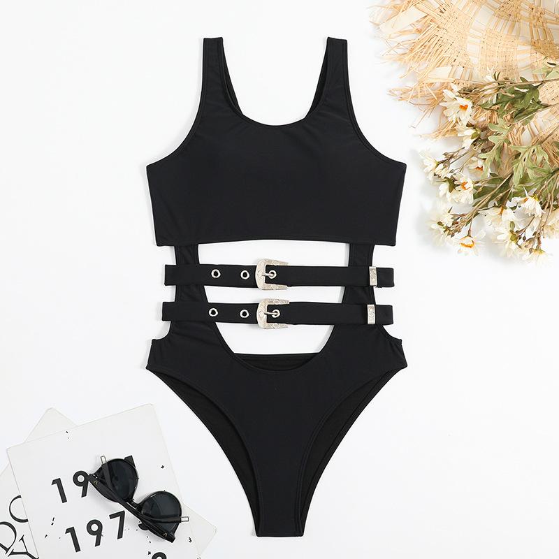 Buckle hollow out U neck one piece swimwear