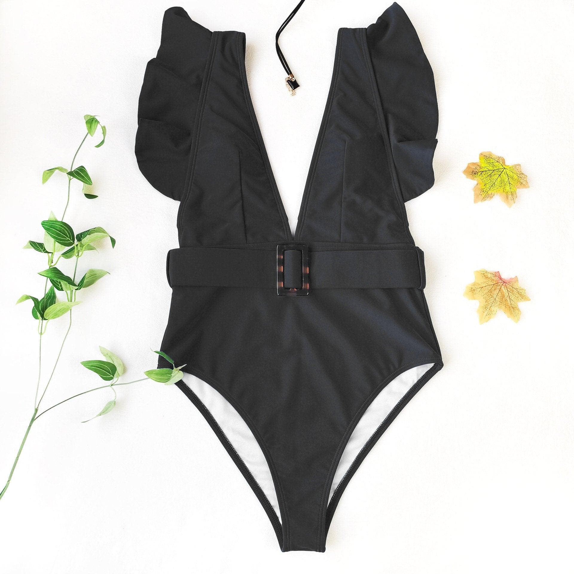 V neck ruffled one piece swimwear