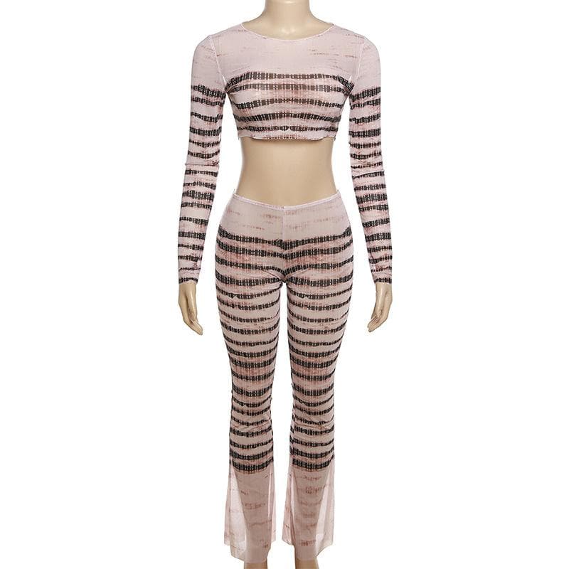 Sheer mesh striped see through long sleeve contrast pant set