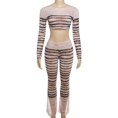 Sheer mesh striped see through long sleeve contrast pant set
